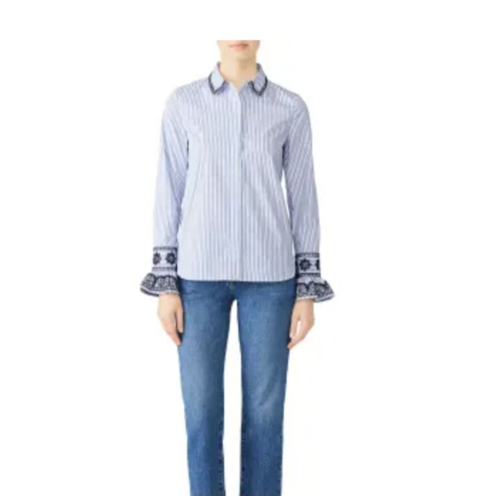 Tory Burch Blue & White Striped Embroidered Cuff Blouse - Picture 5 of 6